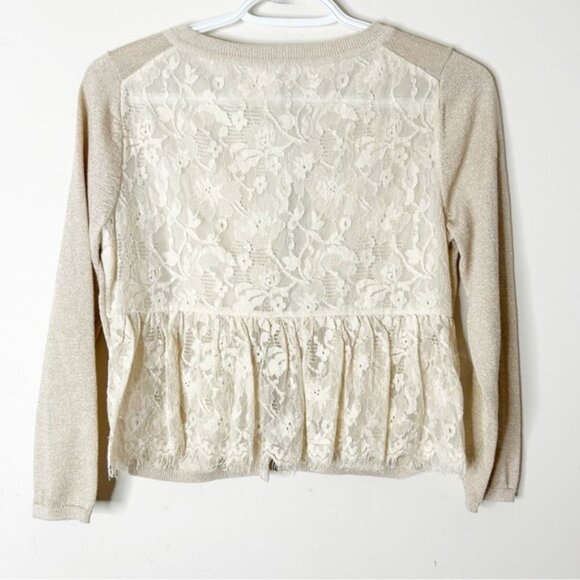 Anthropologie Knitted & Knotted Afterword Cardigan Sweater Beige Metallic Lace - Picture 15 of 16